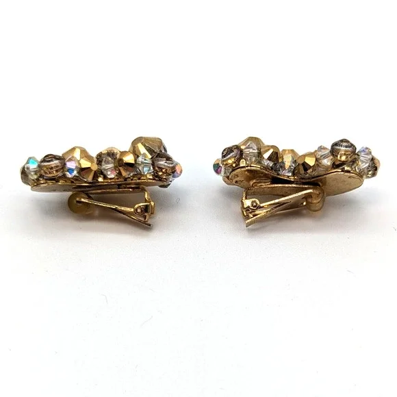 Hobe Gold Beaded AB Aurora Borealis Crystal Crescent Earrings Signed Vintage - Picture 9 of 10